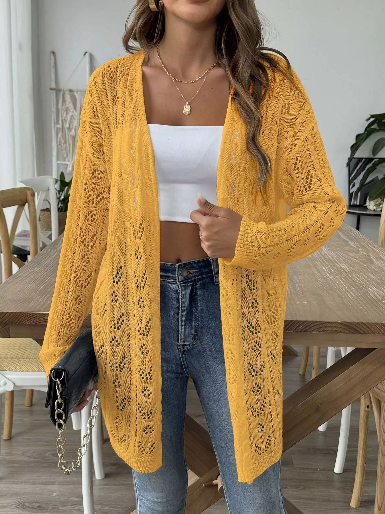 Openwork Open Front Knit Cardigan - Image 17