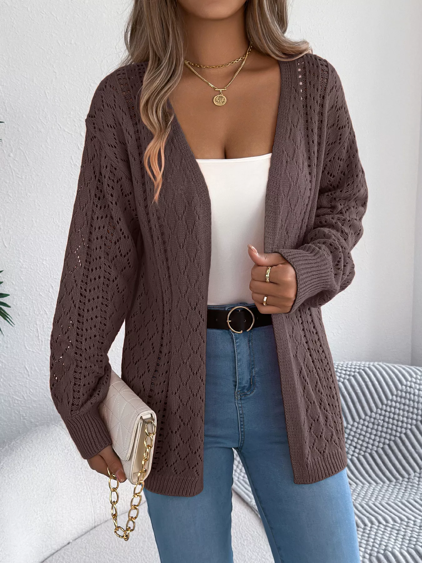 Openwork Open-Front Long Sleeve Cardigan - Image 12