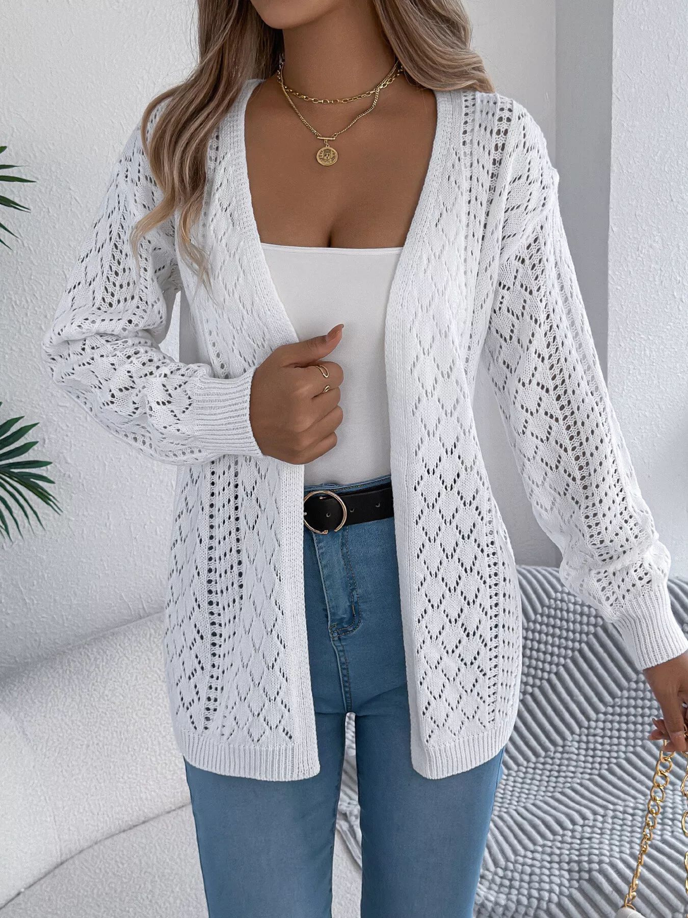 Openwork Open-Front Long Sleeve Cardigan - Image 15