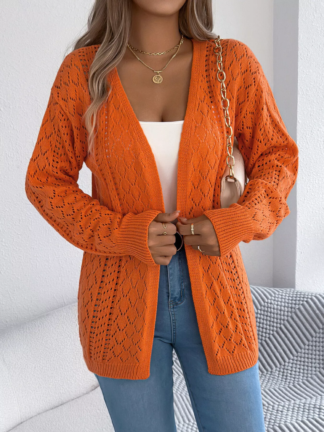 Openwork Open-Front Long Sleeve Cardigan - Image 3