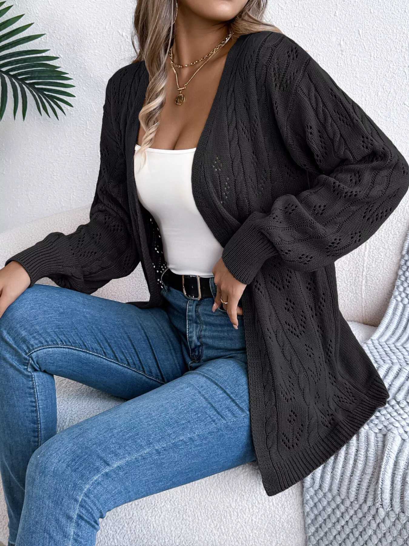 Openwork Open Front Long Sleeve Cardigan