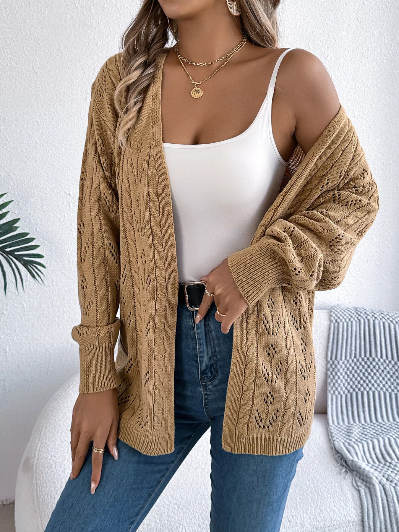 Openwork Open Front Long Sleeve Cardigan - Image 10