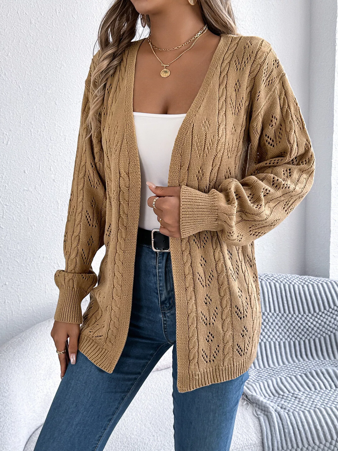 Openwork Open Front Long Sleeve Cardigan - Image 11