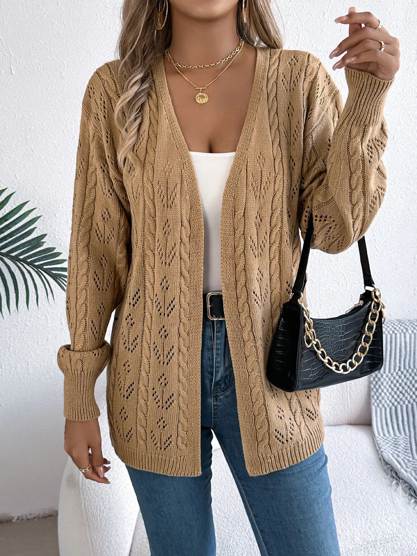 Openwork Open Front Long Sleeve Cardigan - Image 12