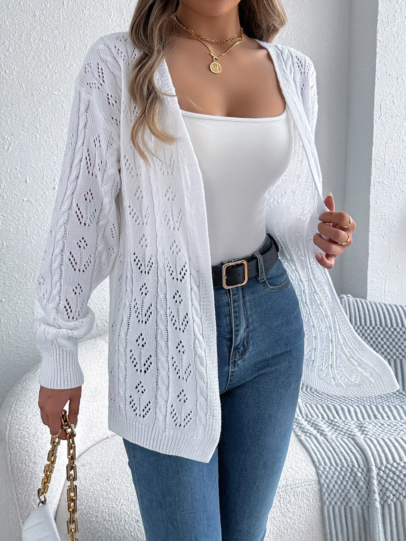 Openwork Open Front Long Sleeve Cardigan - Image 15