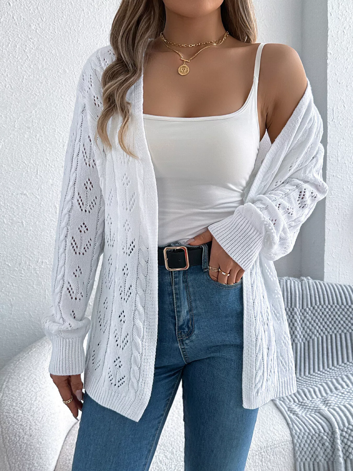 Openwork Open Front Long Sleeve Cardigan - Image 16