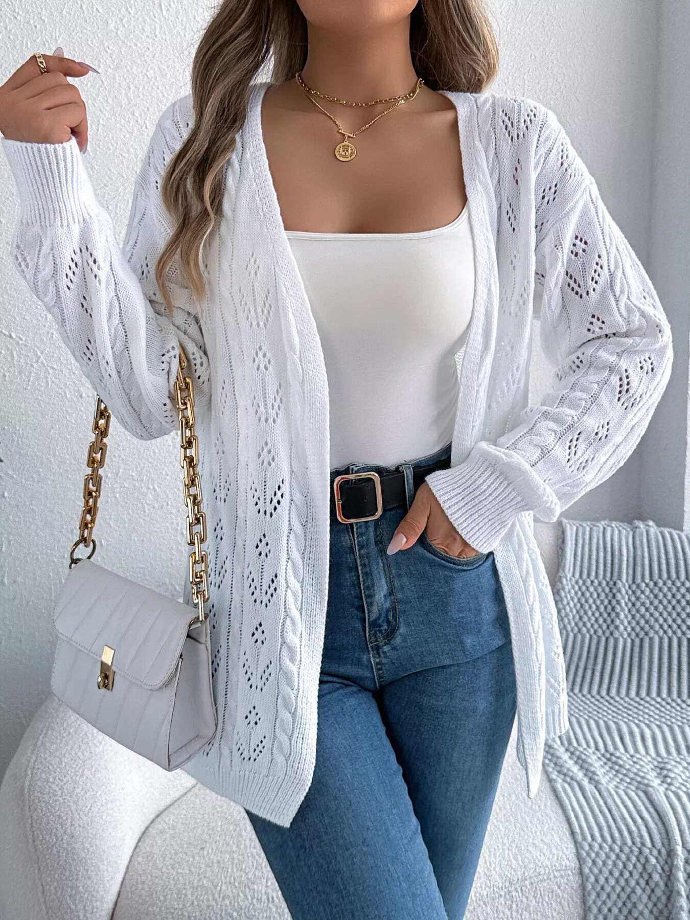 Openwork Open Front Long Sleeve Cardigan - Image 17