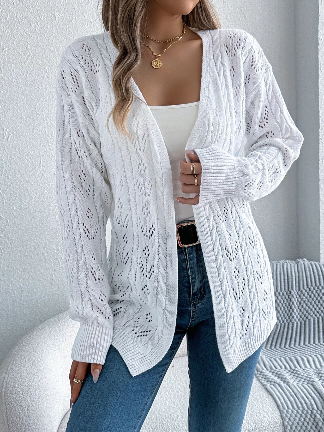 Openwork Open Front Long Sleeve Cardigan - Image 18