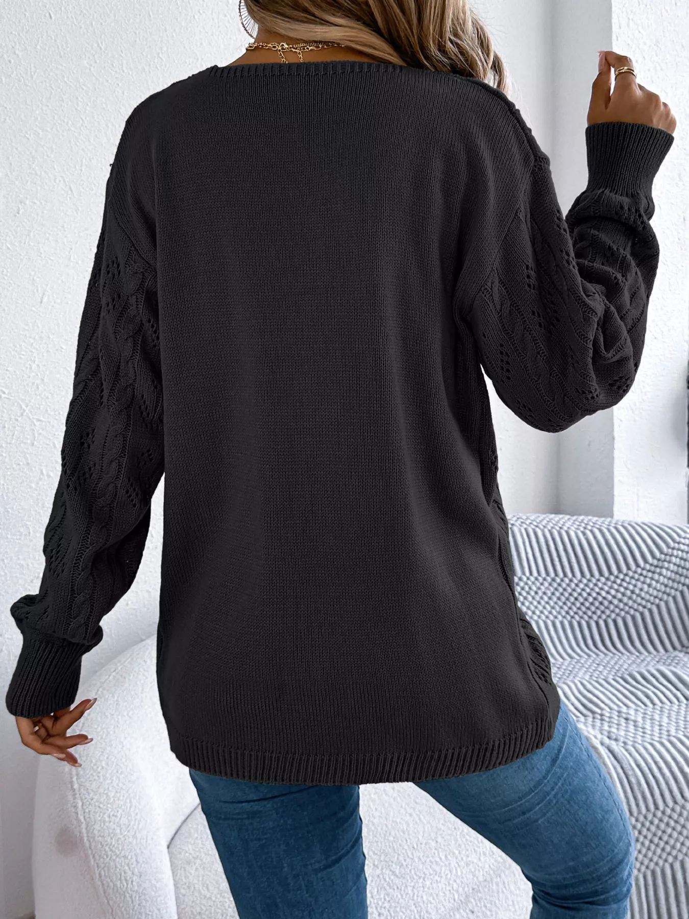 Openwork Open Front Long Sleeve Cardigan - Image 2