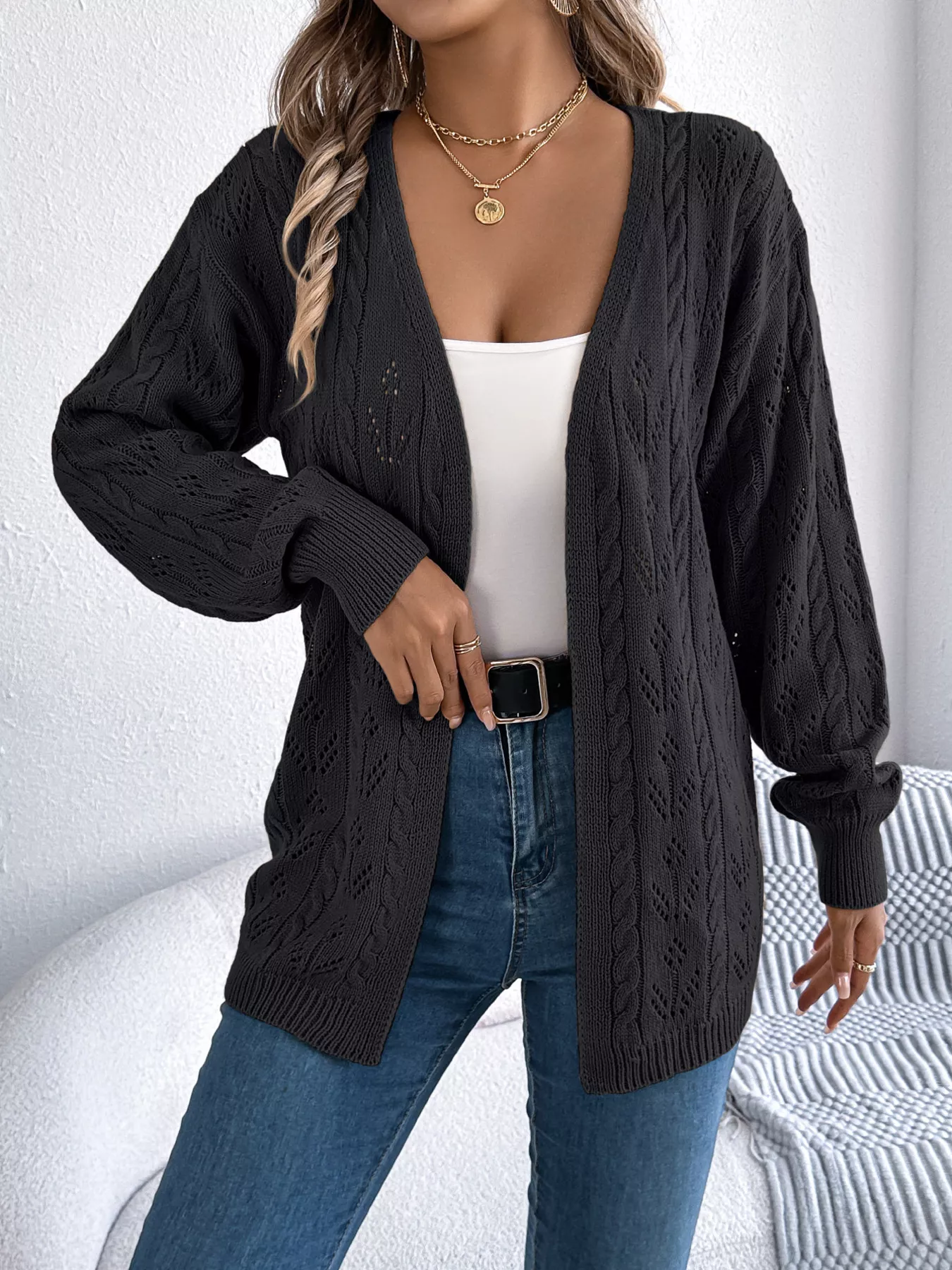 Openwork Open Front Long Sleeve Cardigan - Image 5
