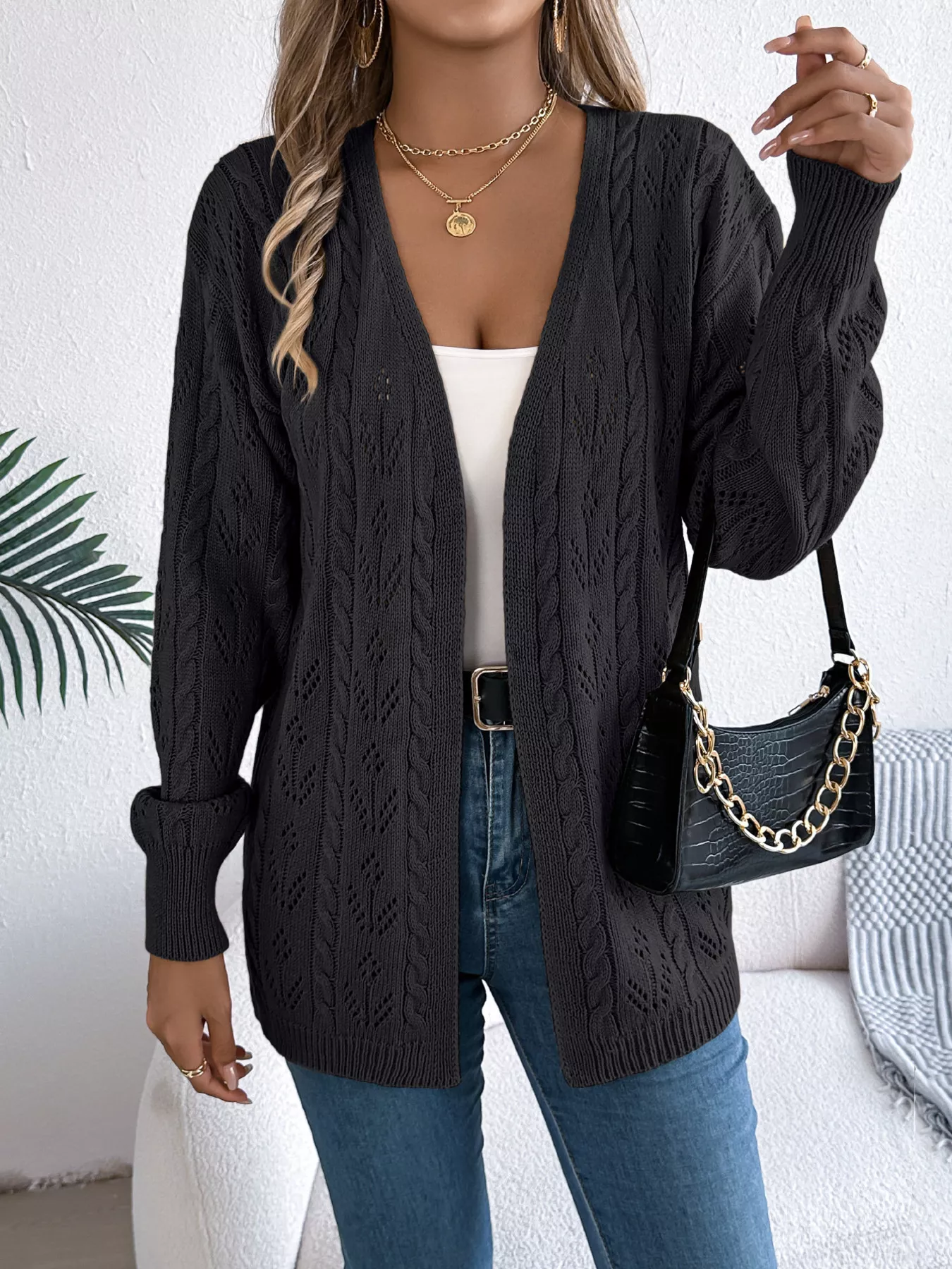 Openwork Open Front Long Sleeve Cardigan - Image 6