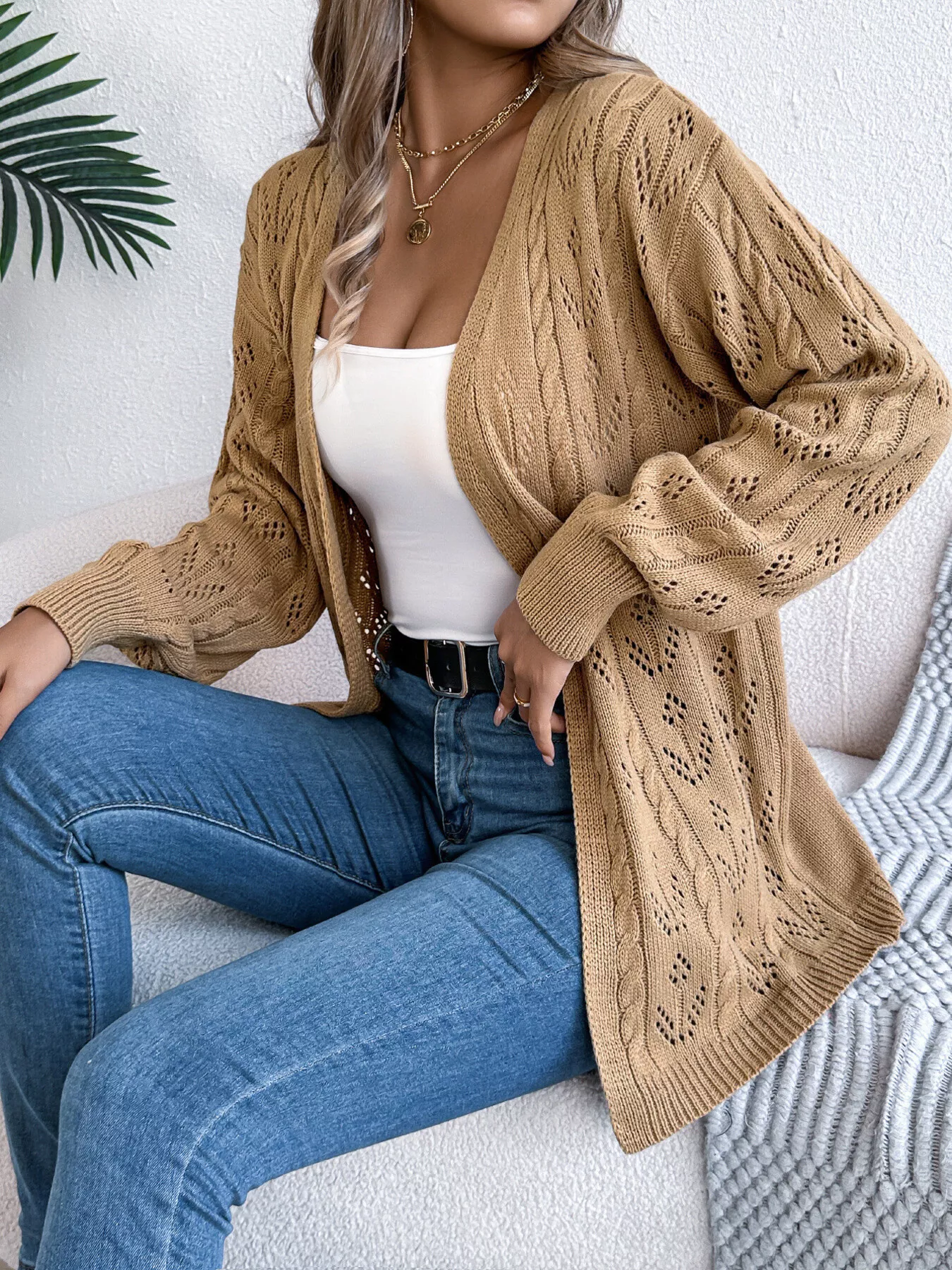 Openwork Open Front Long Sleeve Cardigan - Image 7