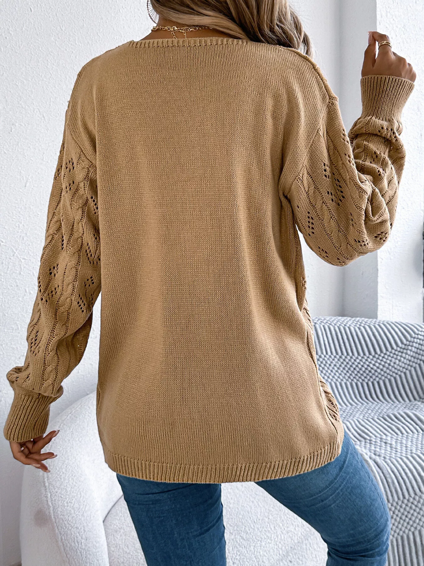 Openwork Open Front Long Sleeve Cardigan - Image 8
