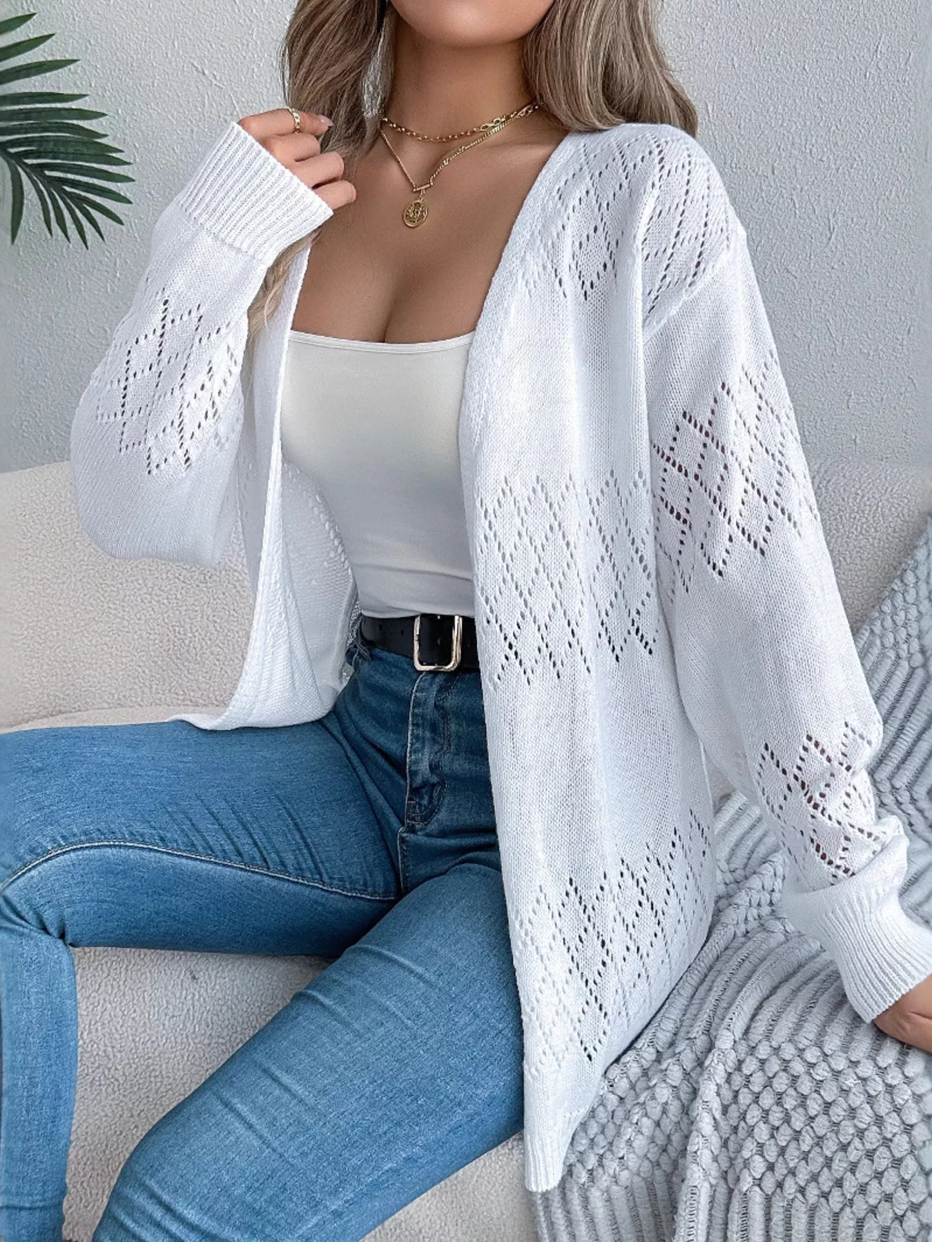 Openwork Open Front Long Sleeve Cardigan - Image 15