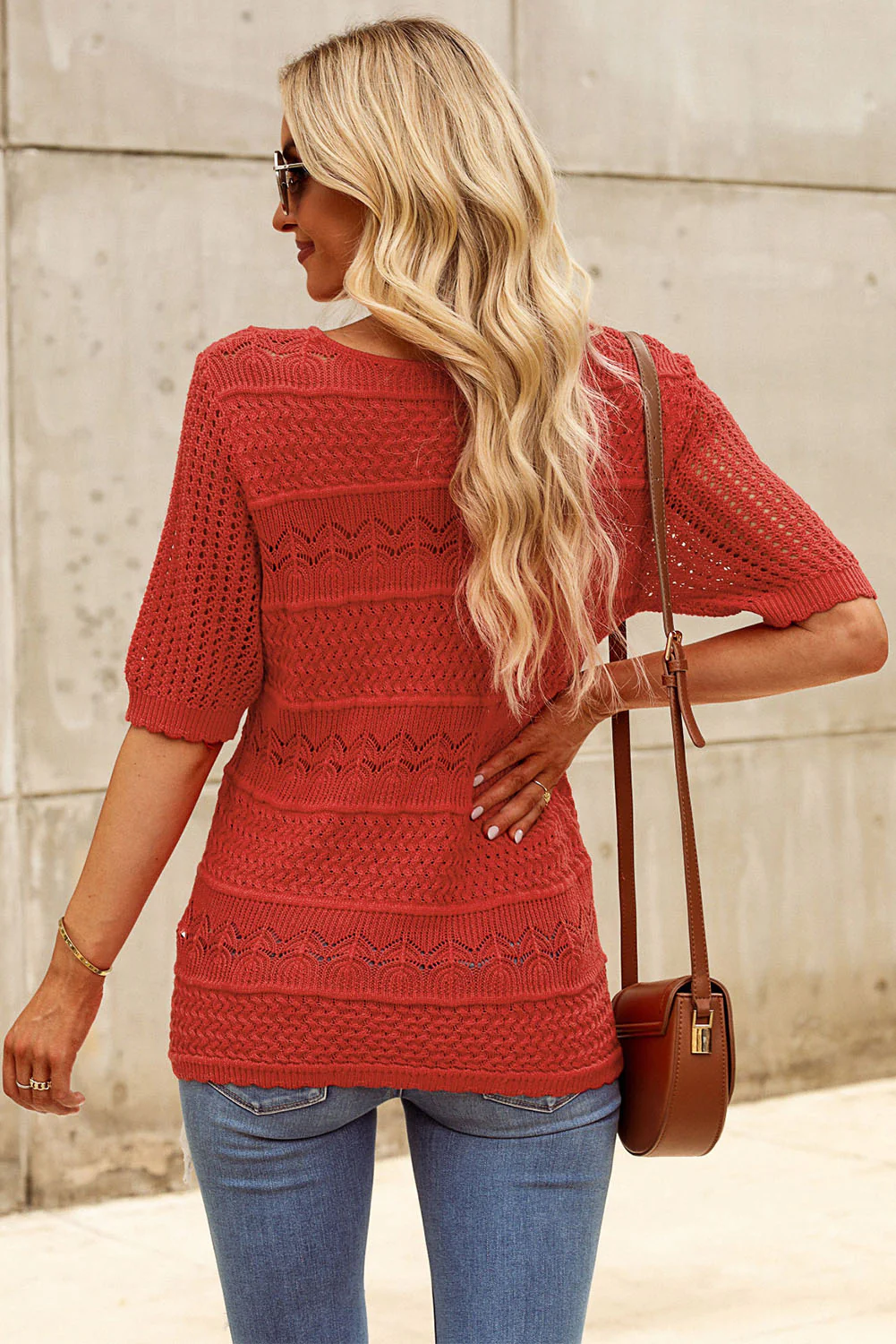 Openwork Round Neck Half Sleeve Knit Top - Image 5