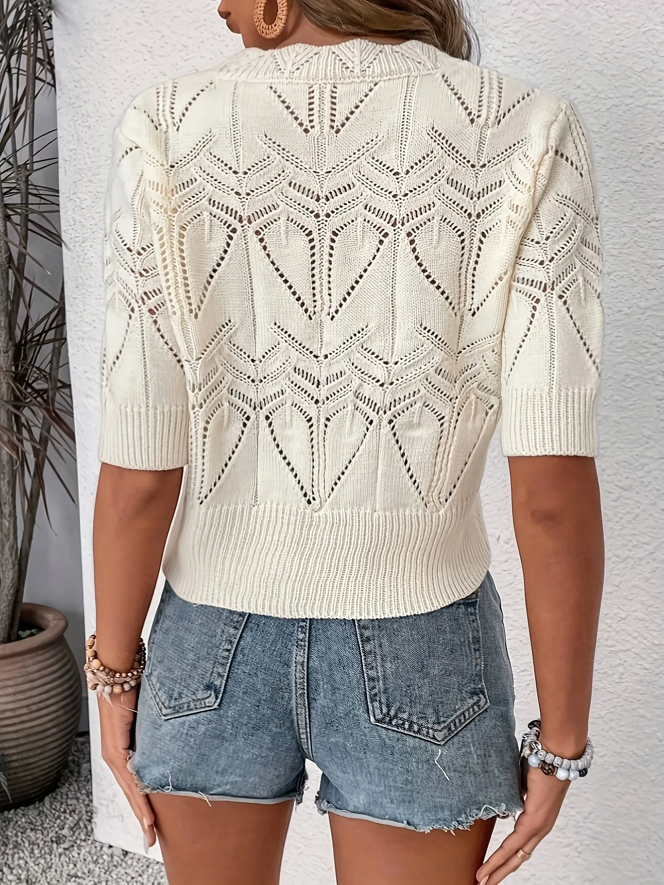 Openwork Round Neck Half Sleeve Sweater - Image 2