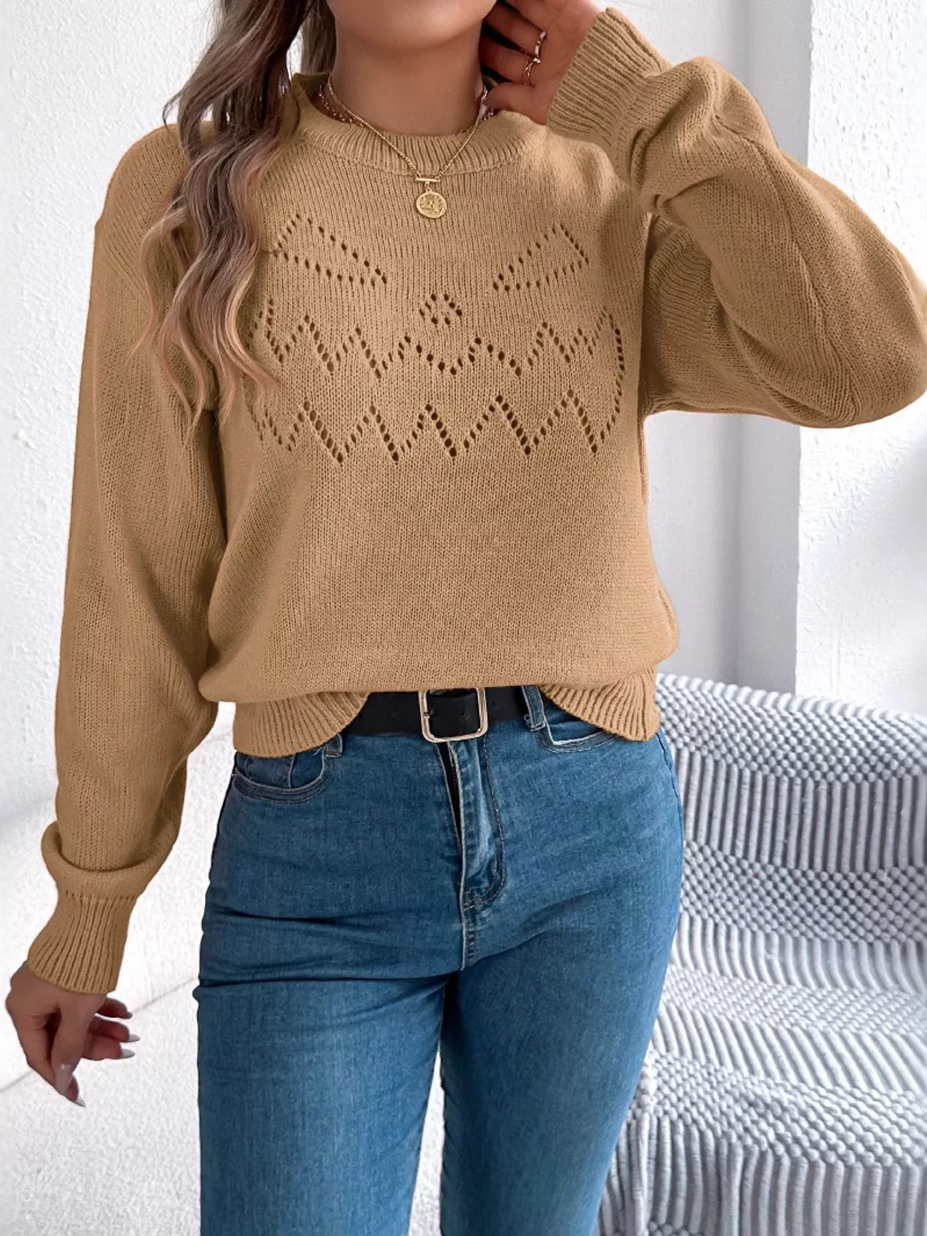 Openwork Round Neck Long Sleeve Sweater - Image 14