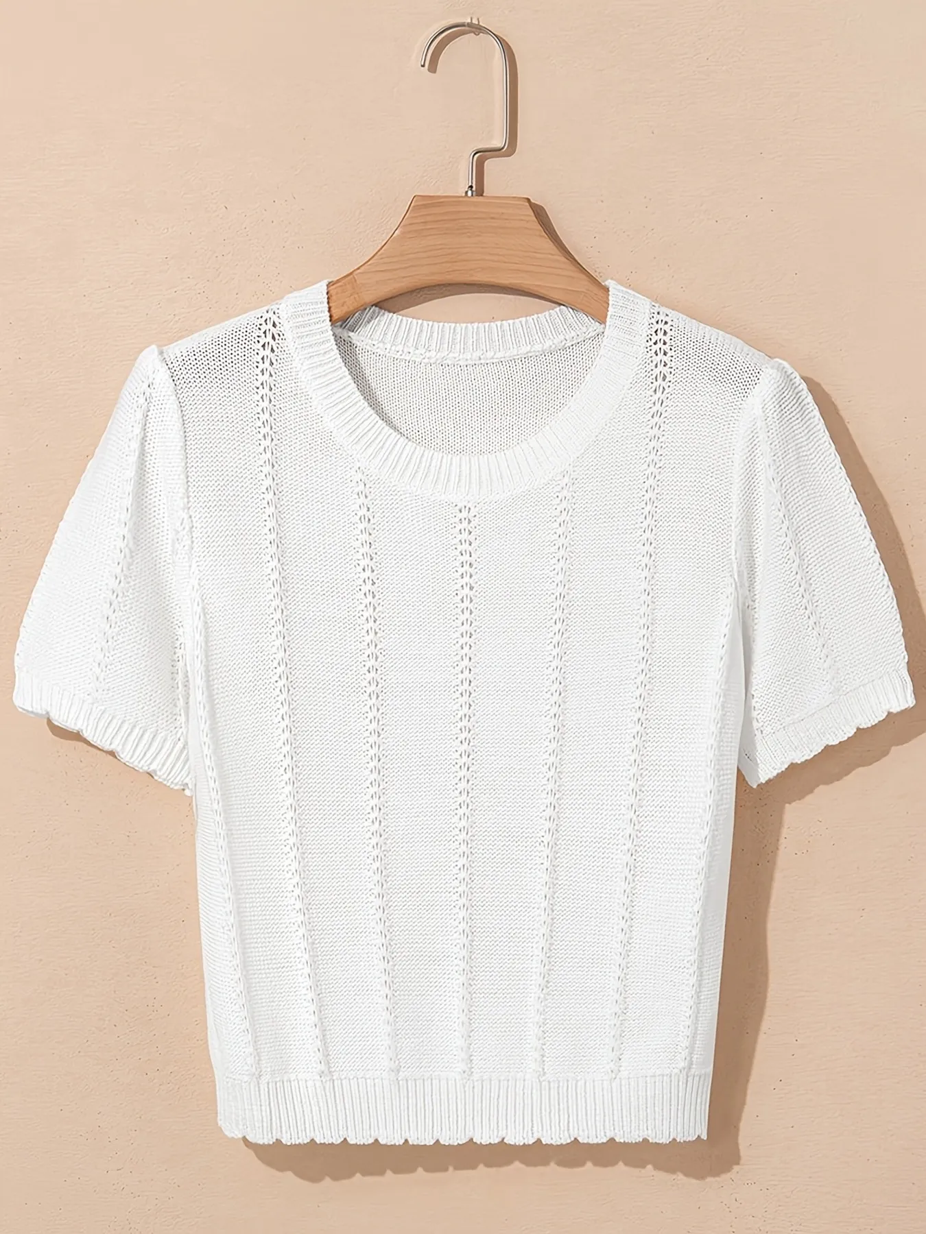 Openwork Round Neck Short Sleeve Sweater - Image 5