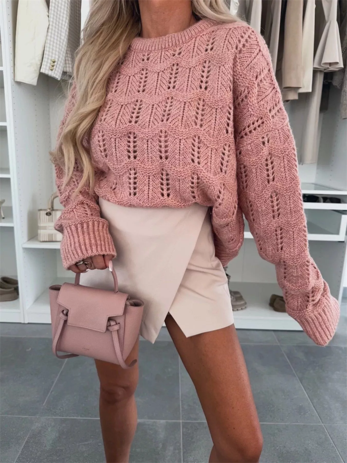 Openwork Round Neck Sweater - Image 4