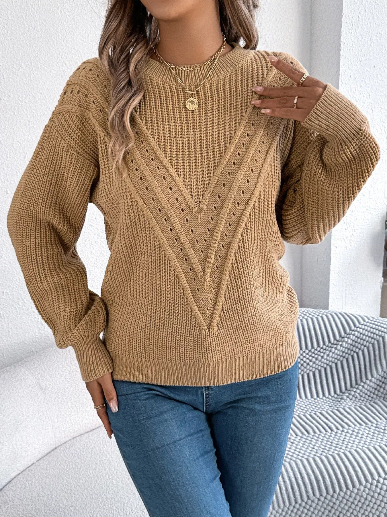 Openwork Round Neck Sweater - Image 17