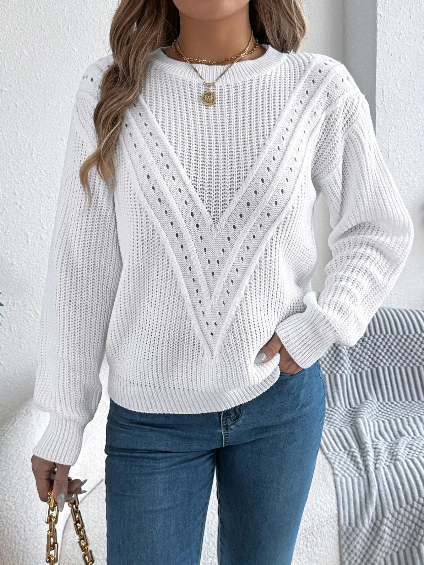 Openwork Round Neck Sweater - Image 6