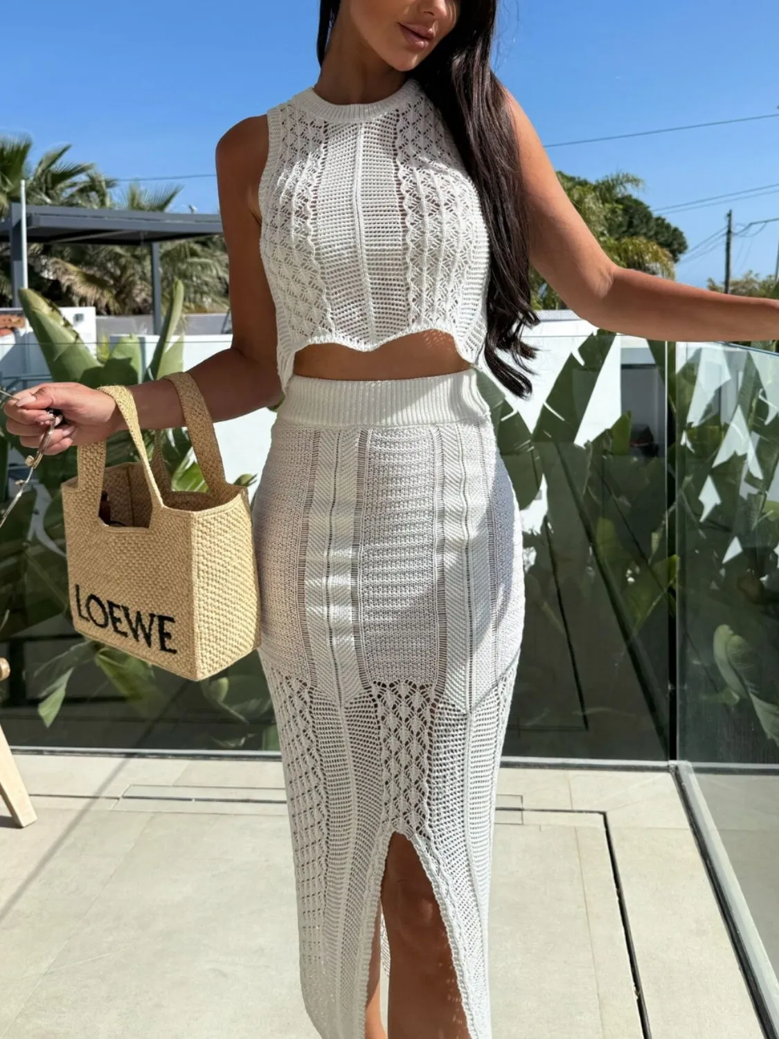 Openwork Round Neck Top and Slit Skirt Sweater Set - Image 3