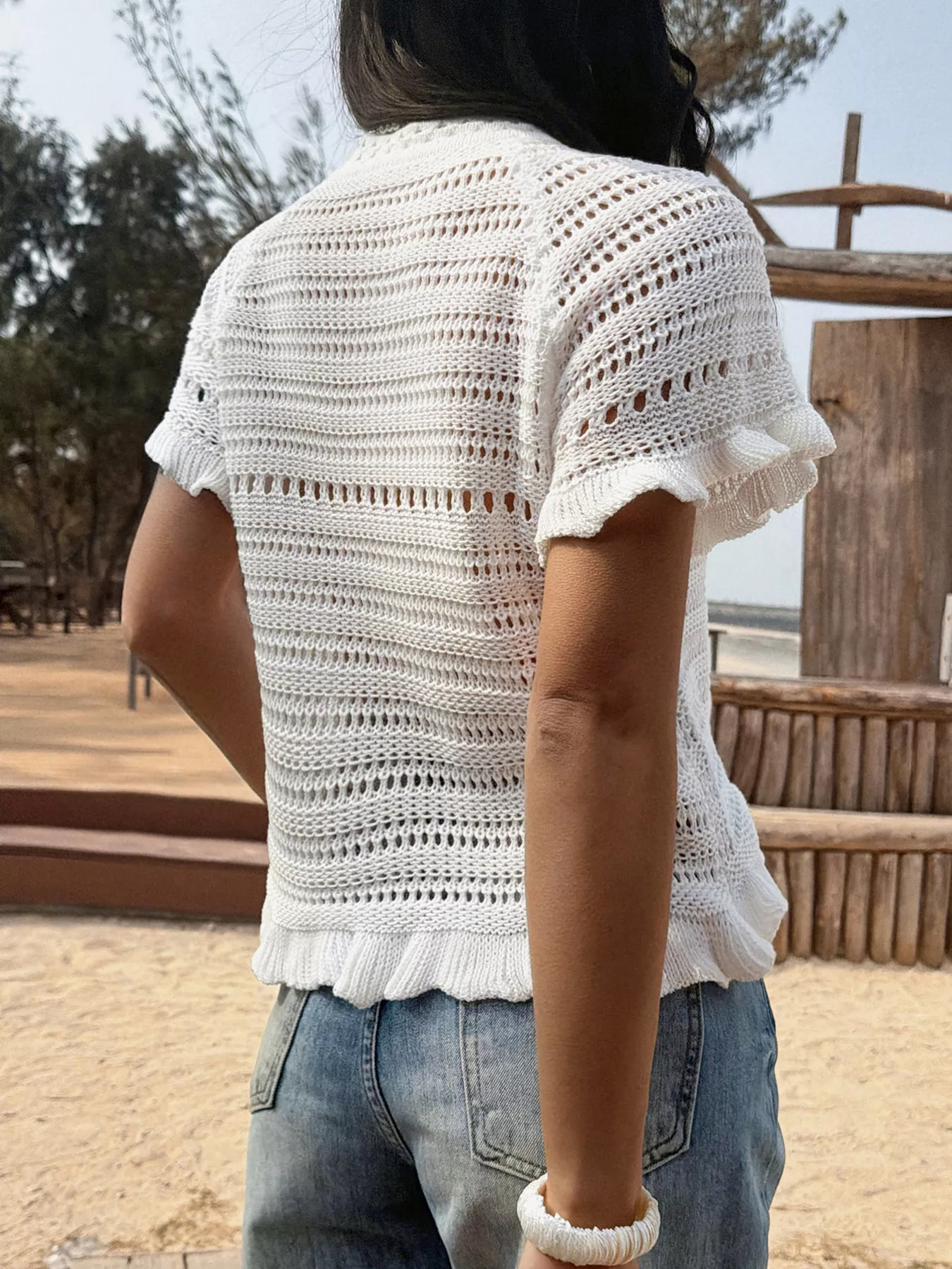 Openwork Ruffled Hem Knit Top - Image 5