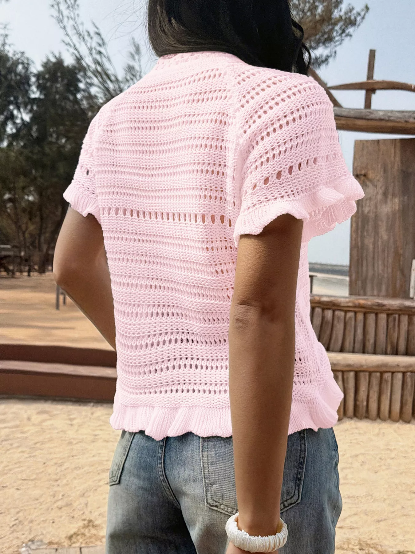 Openwork Ruffled Hem Knit Top - Image 9