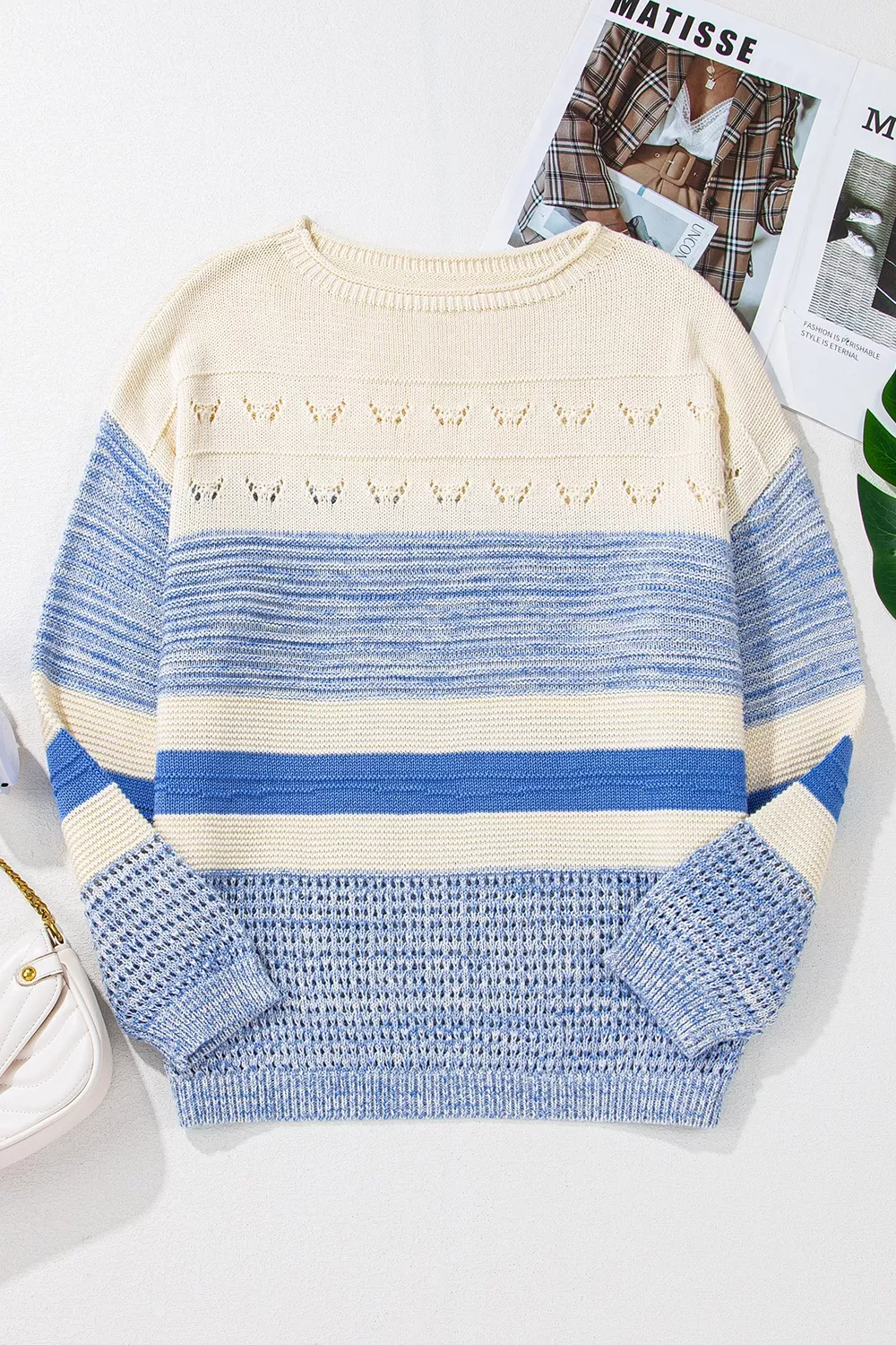Openwork Striped Knit Long Sleeve Sweater - Image 6