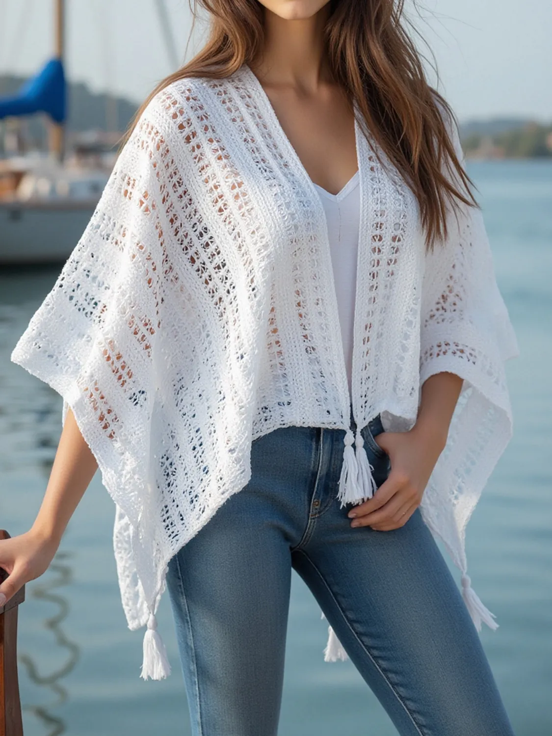 Openwork Tassel Open Front Knit Cover Up - Image 3