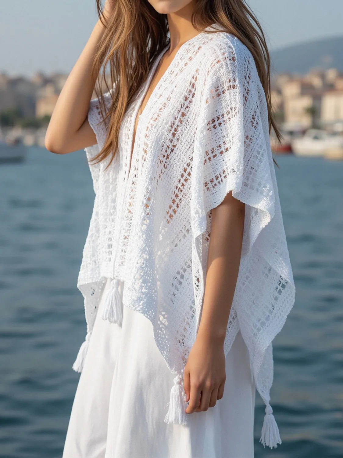 Openwork Tassel Open Front Knit Cover Up - Image 4