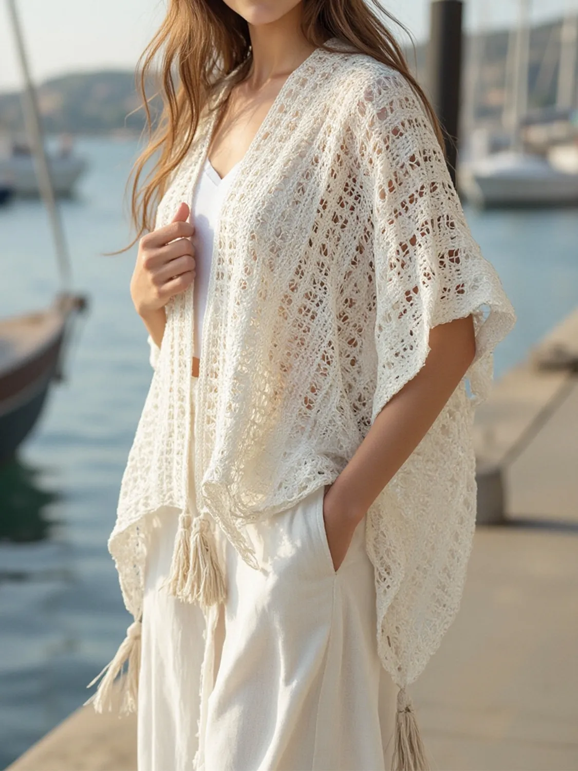 Openwork Tassel Open Front Knit Cover Up - Image 7
