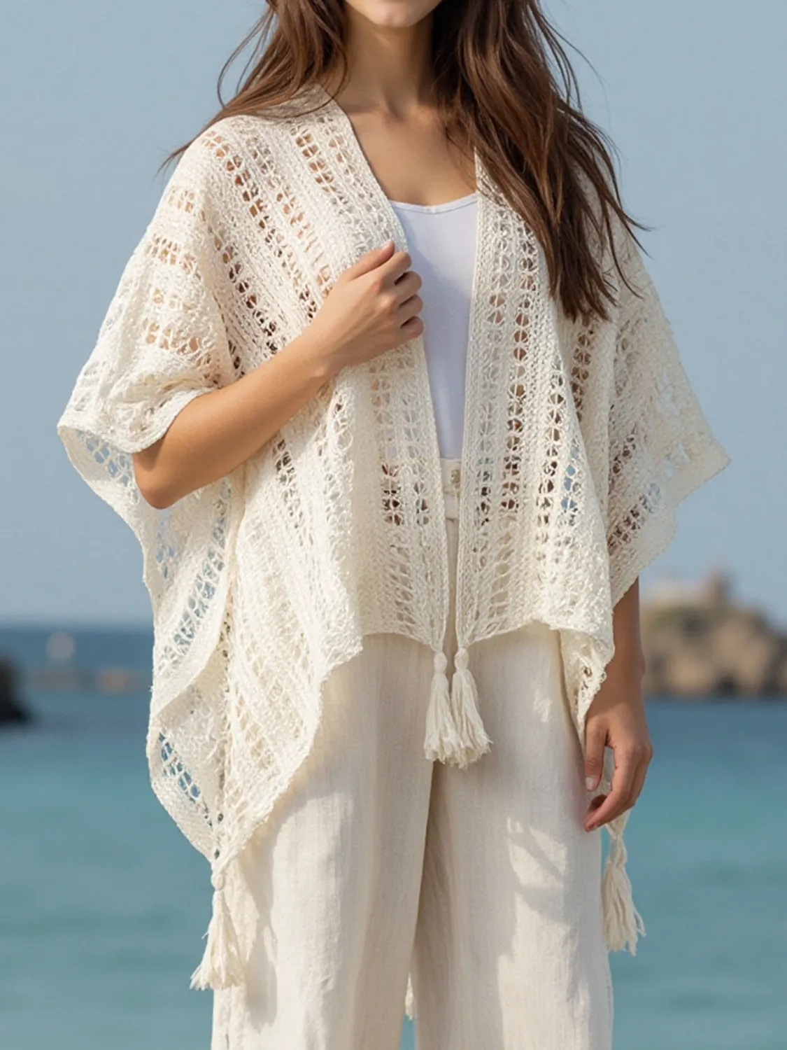 Openwork Tassel Open Front Knit Cover Up - Image 8