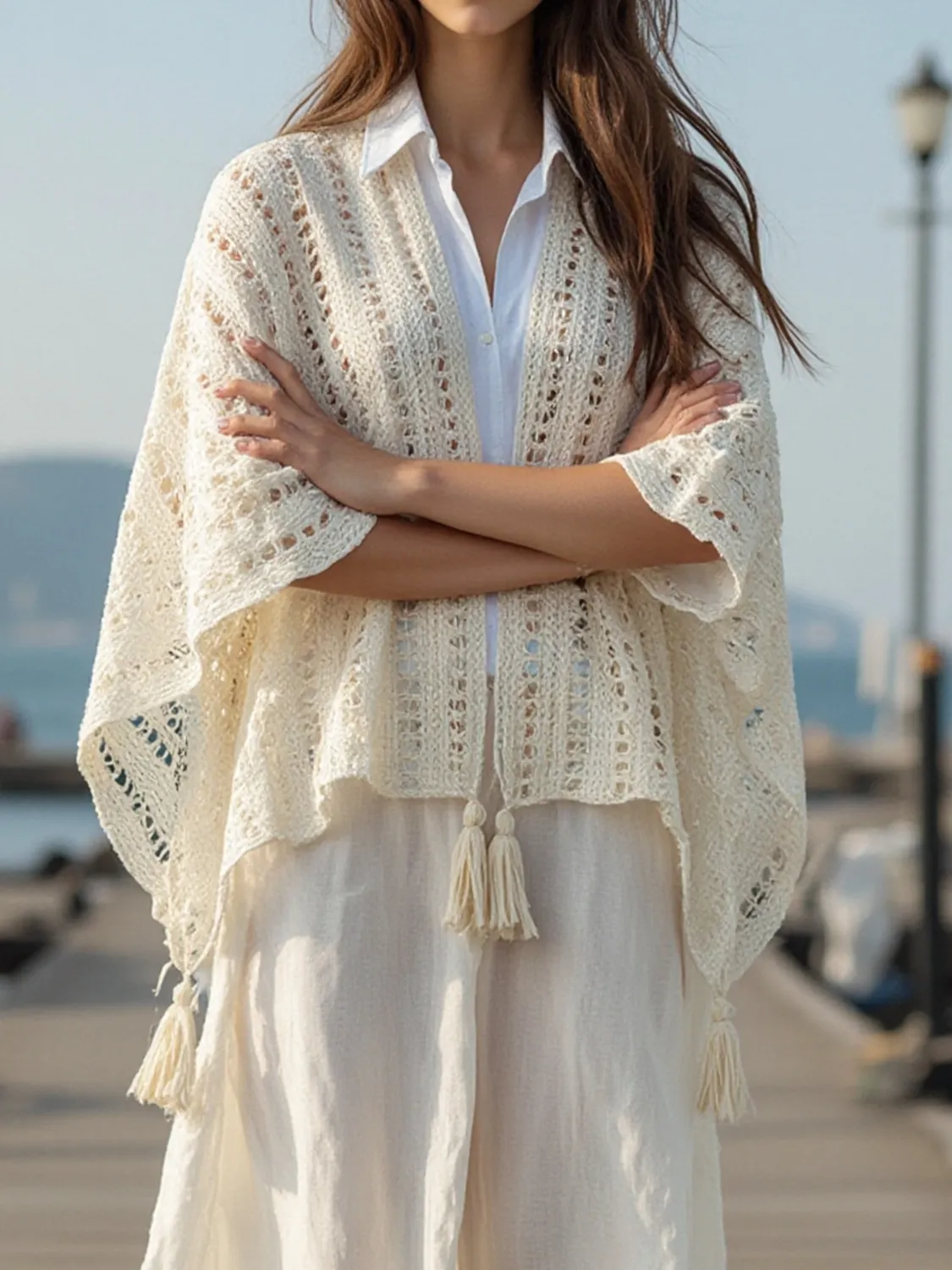 Openwork Tassel Open Front Knit Cover Up - Image 9