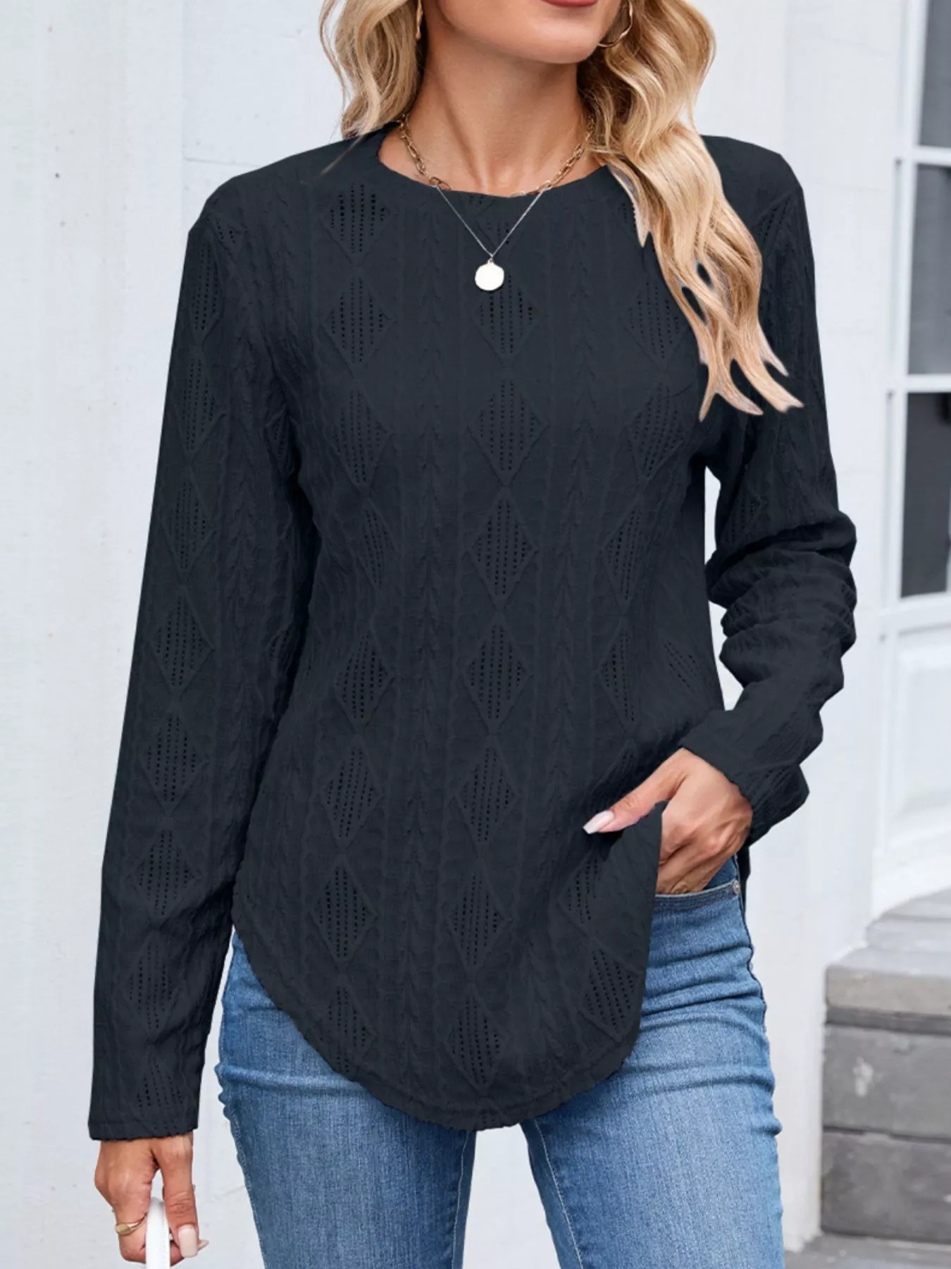 Openwork Textured Long Sleeve Top - Image 8