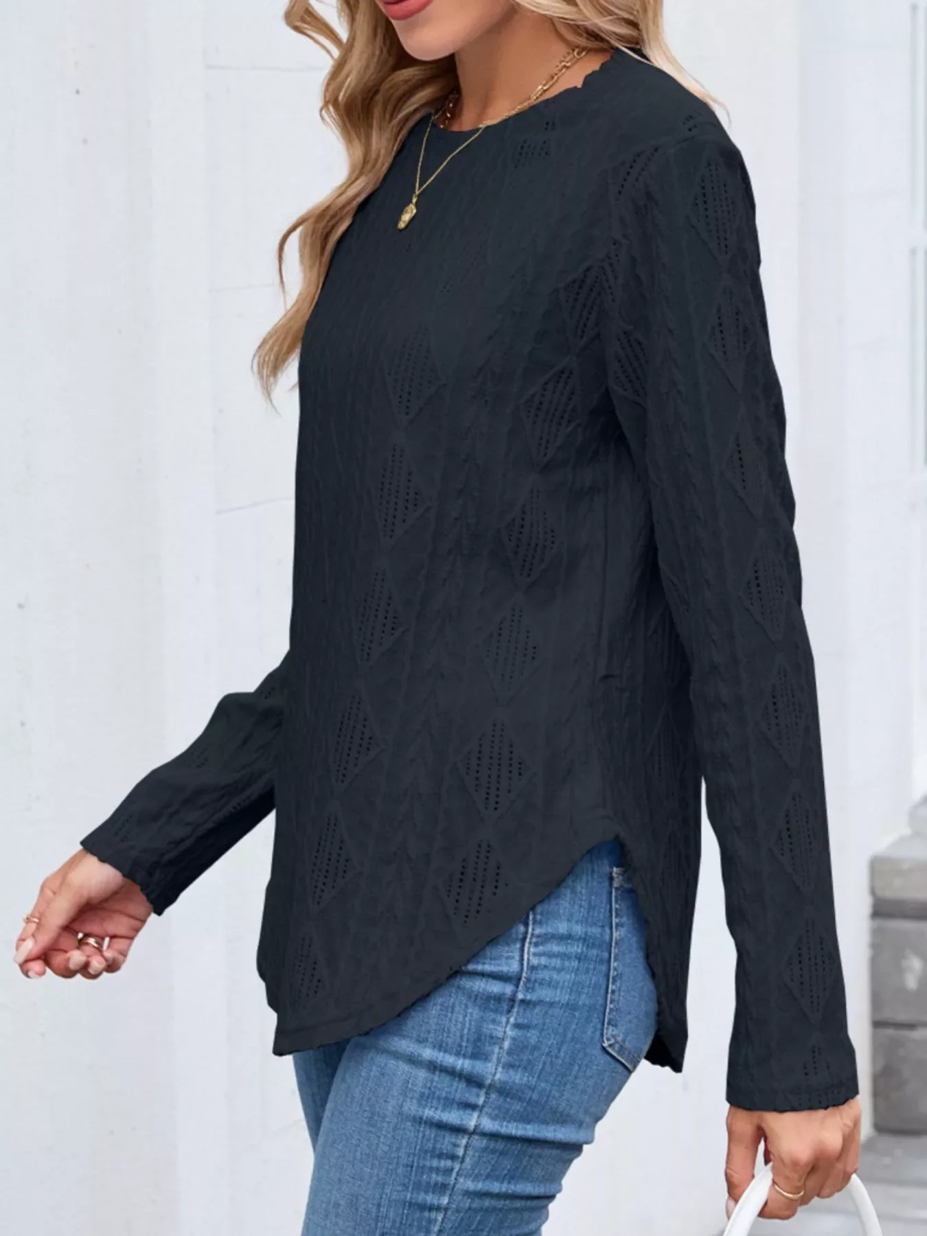 Openwork Textured Long Sleeve Top - Image 9