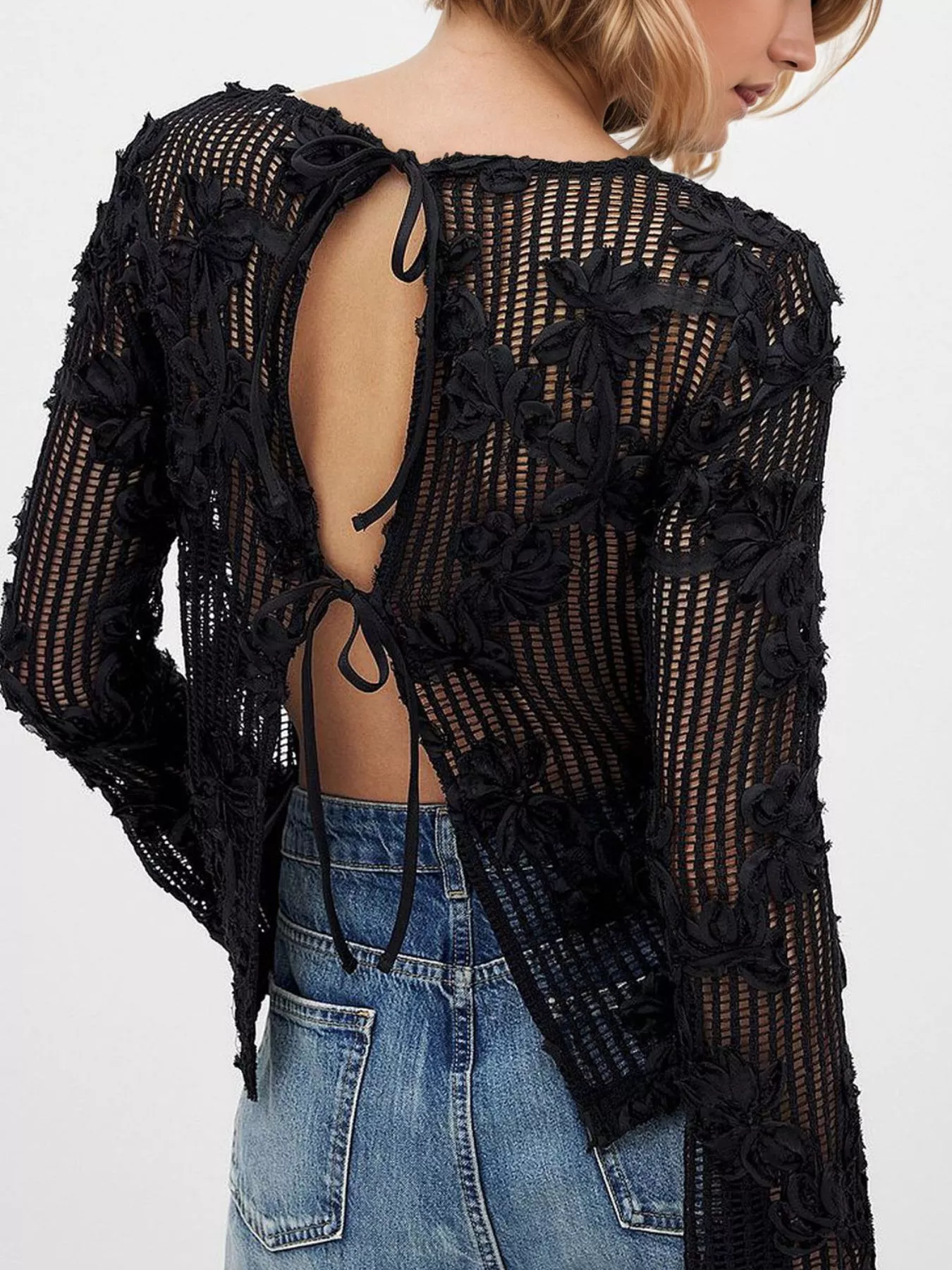 Openwork Tied Back Long Sleeve Blouse - Image 2