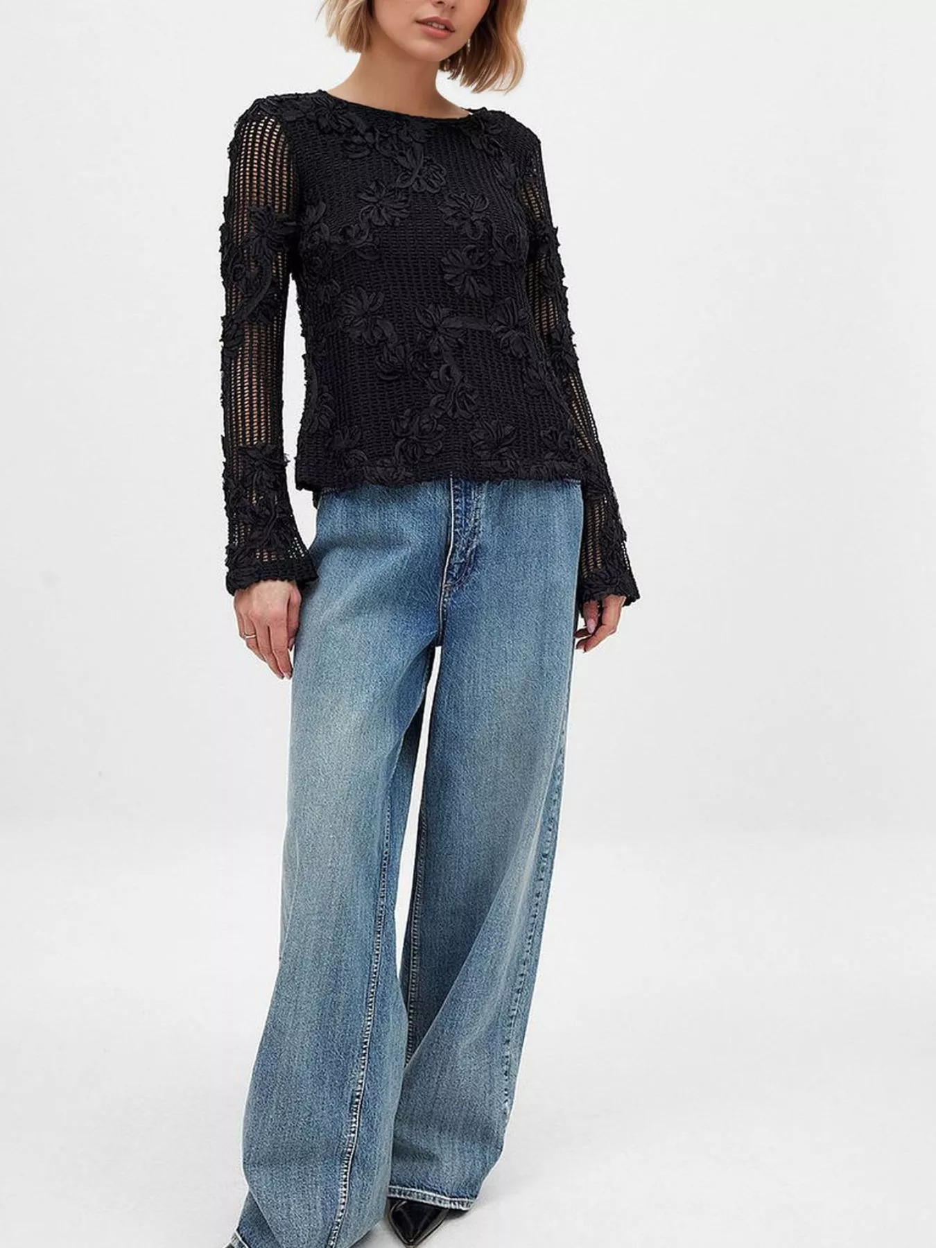 Openwork Tied Back Long Sleeve Blouse - Image 3