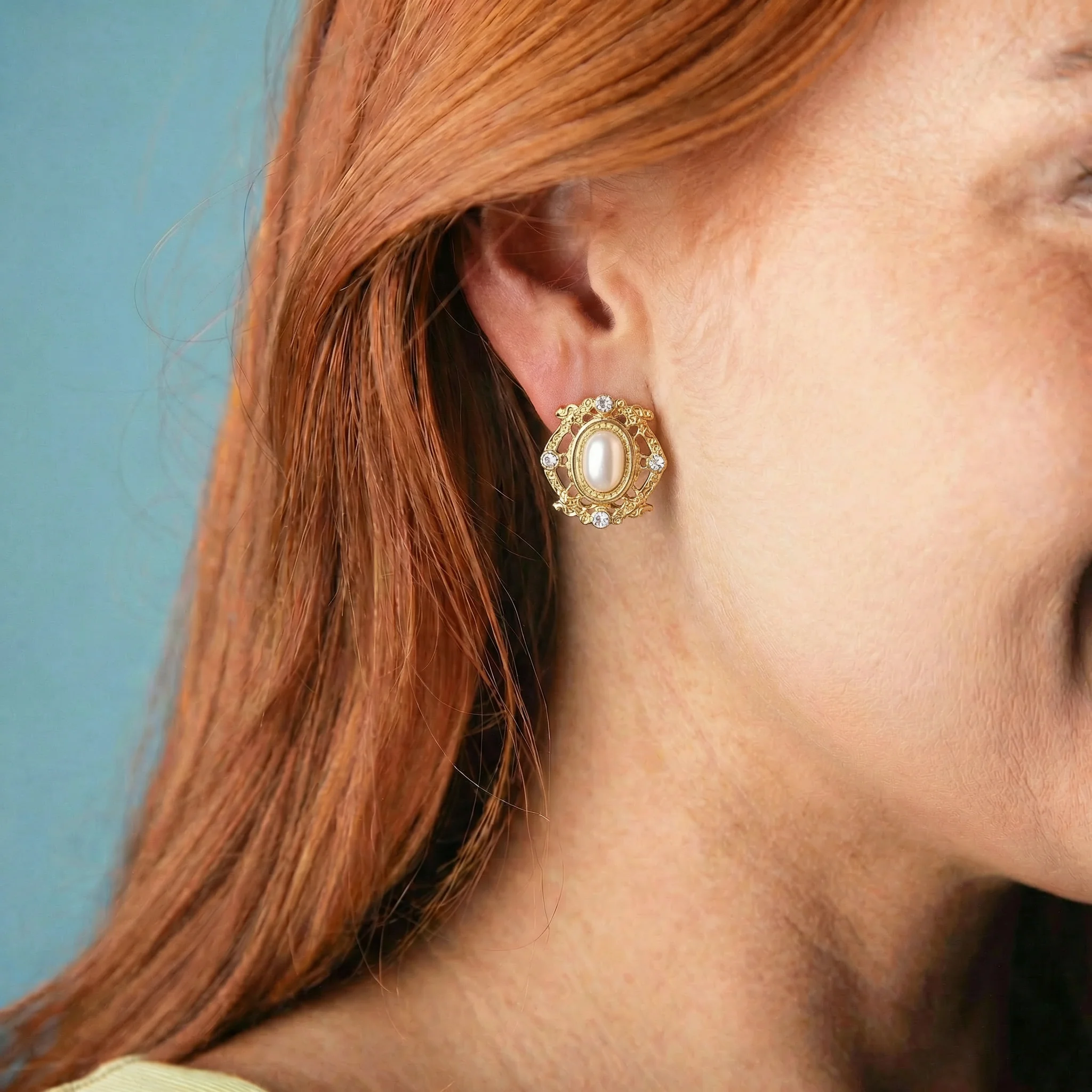 Ornate Stud Earring with Pearl Oval Center - Image 2