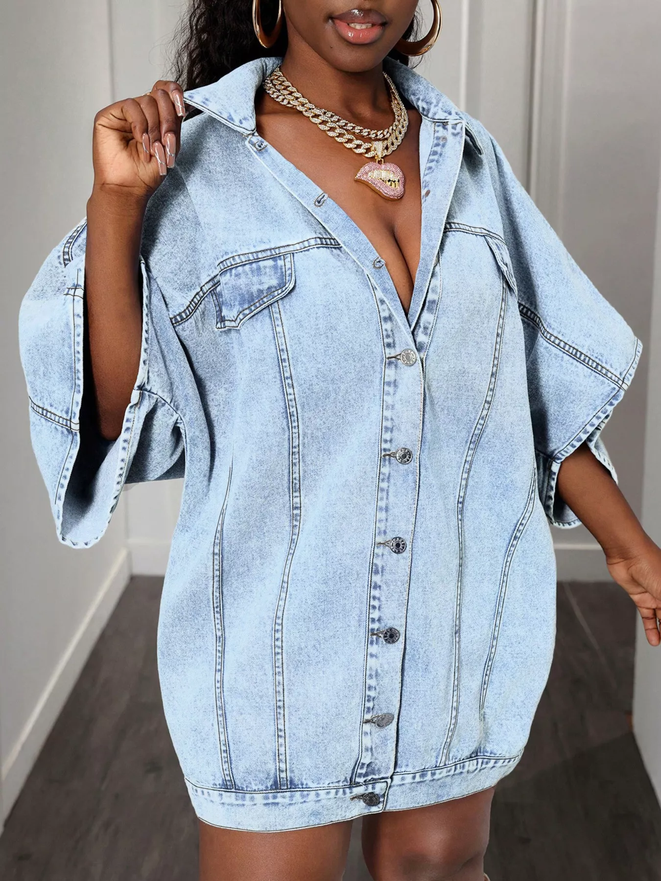 Oversized Batwing Sleeve Denim Top - Image 5