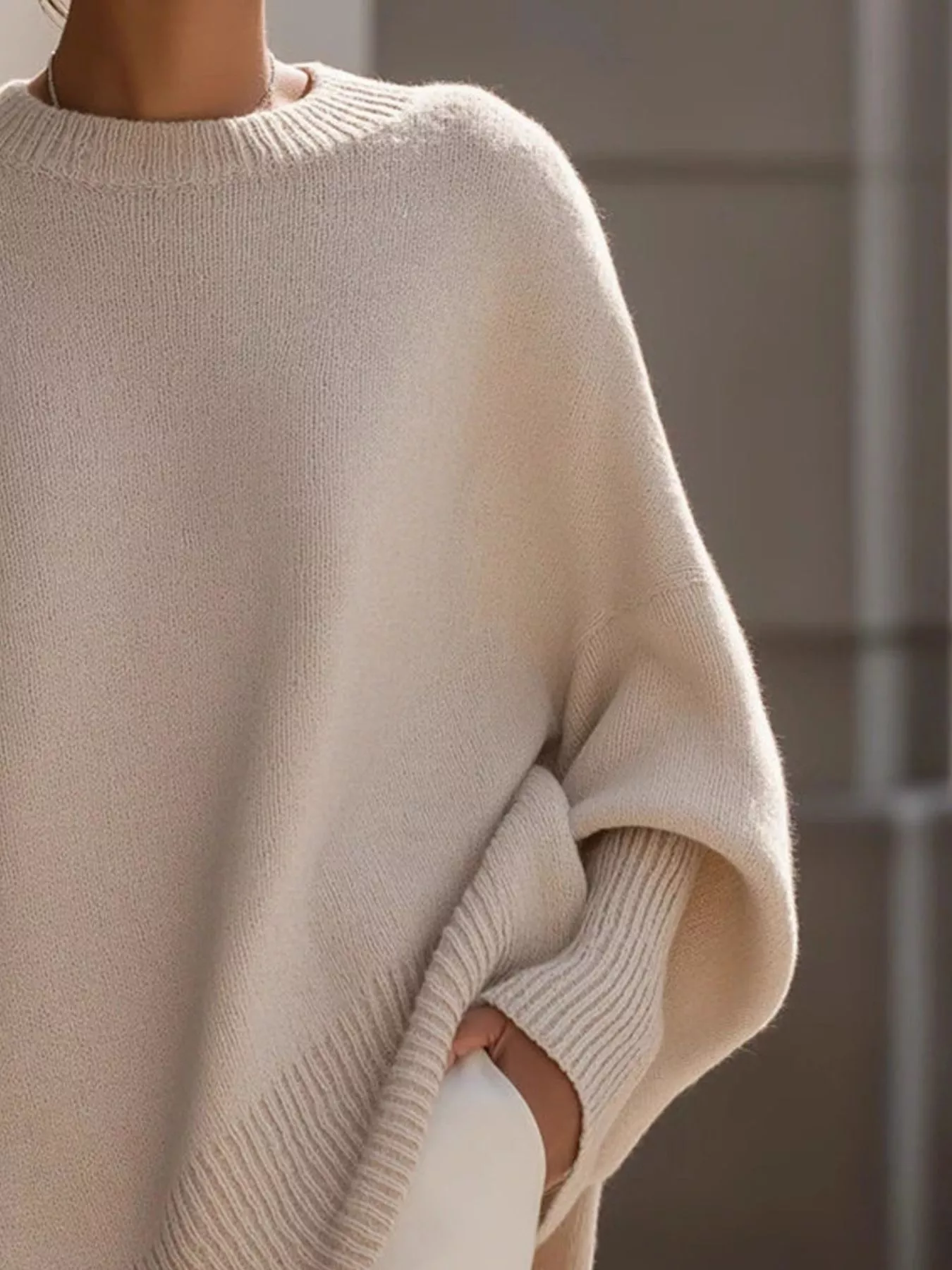 Oversized Batwing Sleeve Round Neck Sweater - Image 3