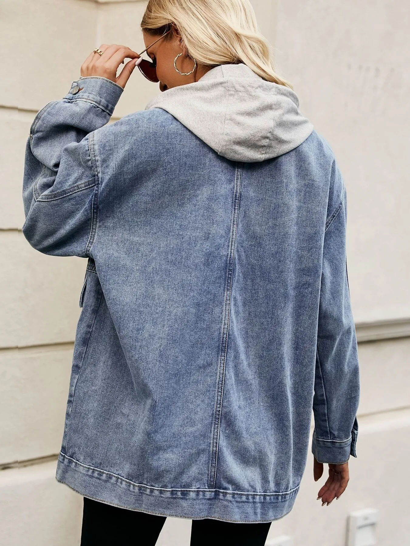 Oversized Button Up Denim Jacket with Hood - Image 10