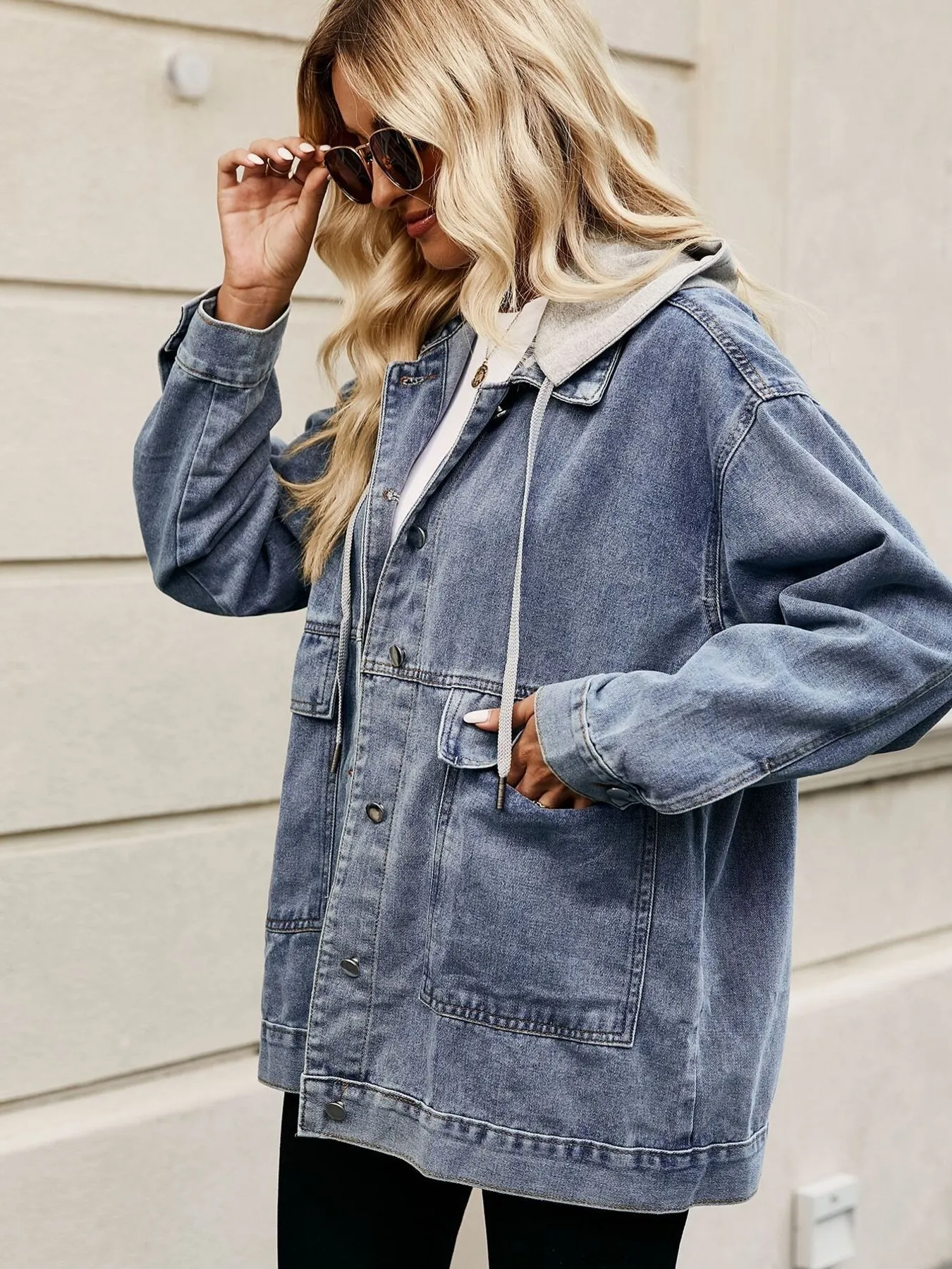 Oversized Button Up Denim Jacket with Hood - Image 12