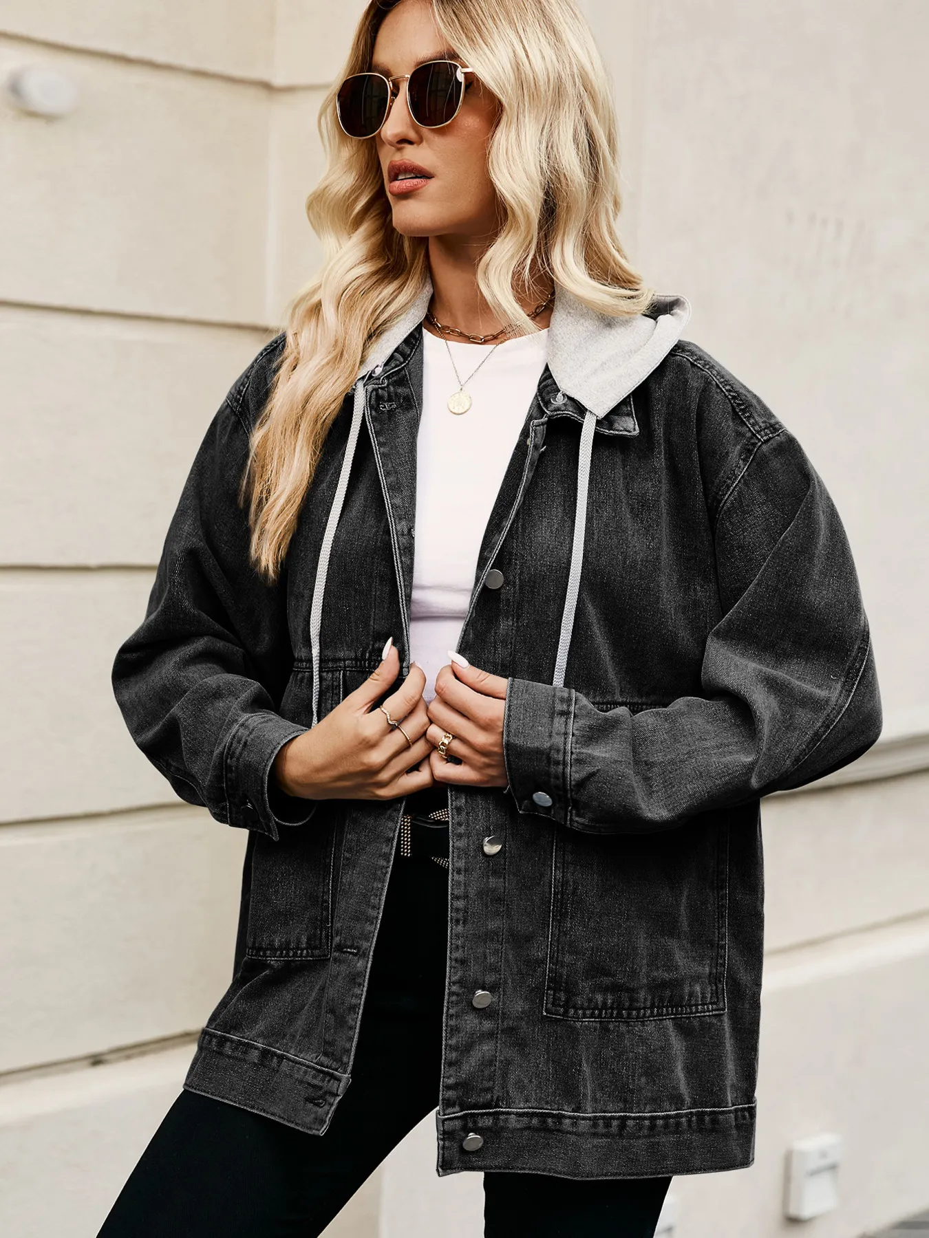 Oversized Button Up Denim Jacket with Hood - Image 14