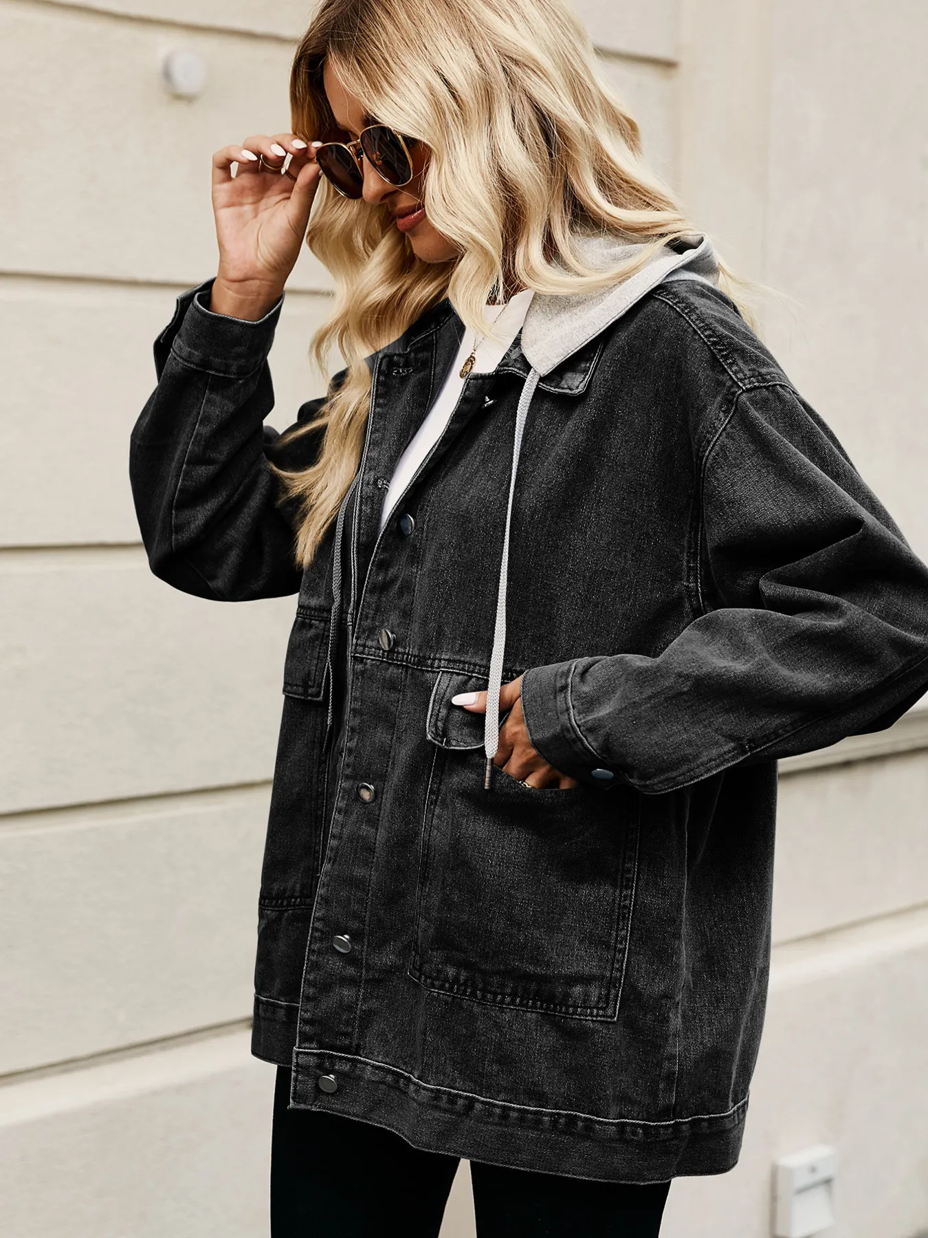Oversized Button Up Denim Jacket with Hood - Image 16