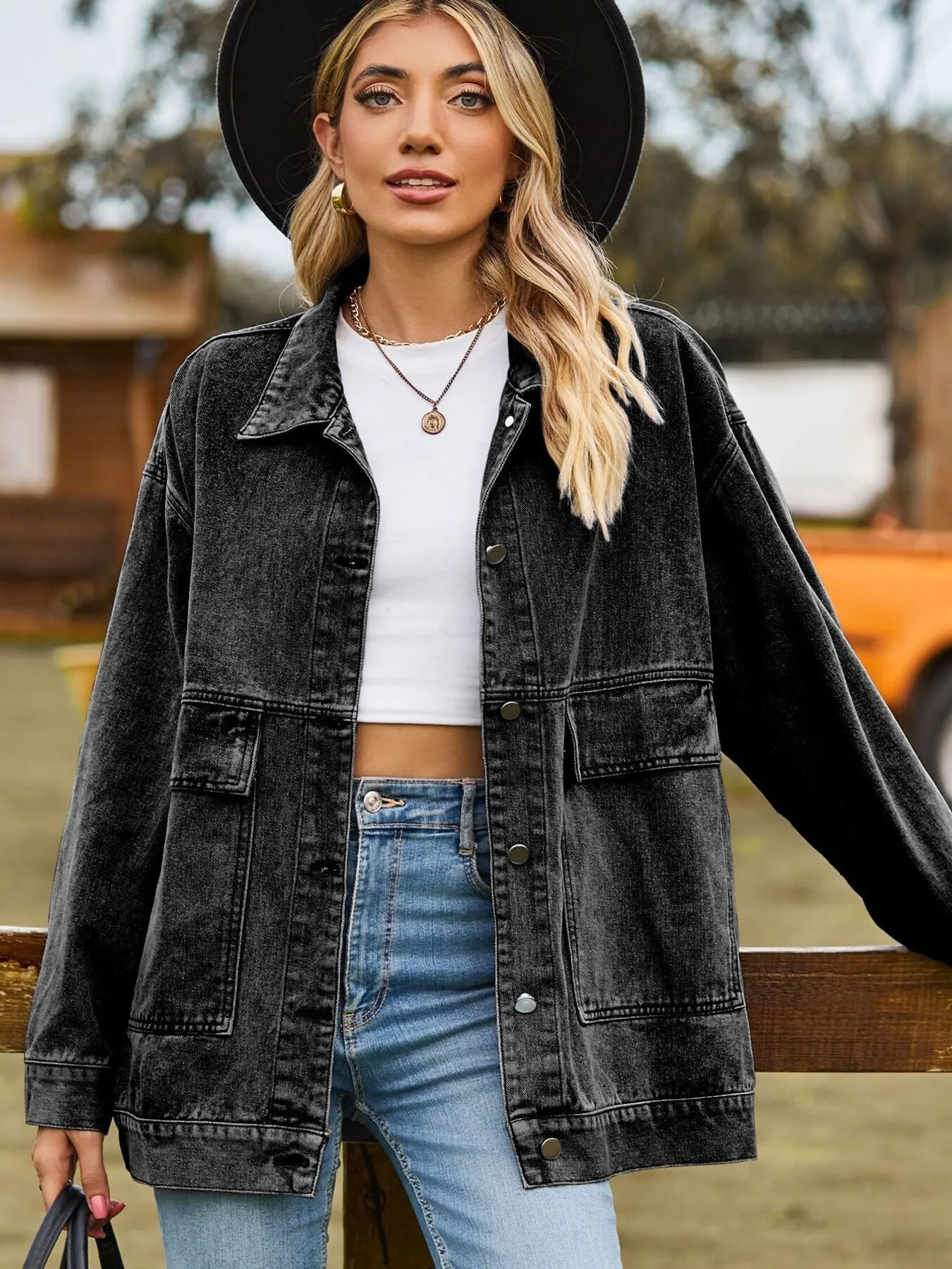 Oversized Button Up Denim Jacket with Hood - Image 17