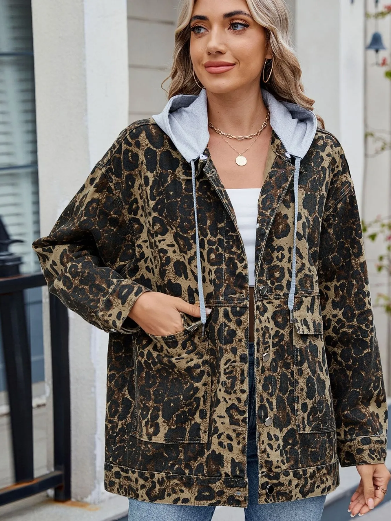 Oversized Button Up Denim Jacket with Hood - Image 19