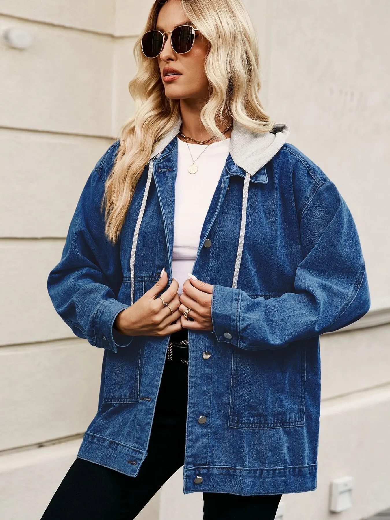 Oversized Button Up Denim Jacket with Hood - Image 22
