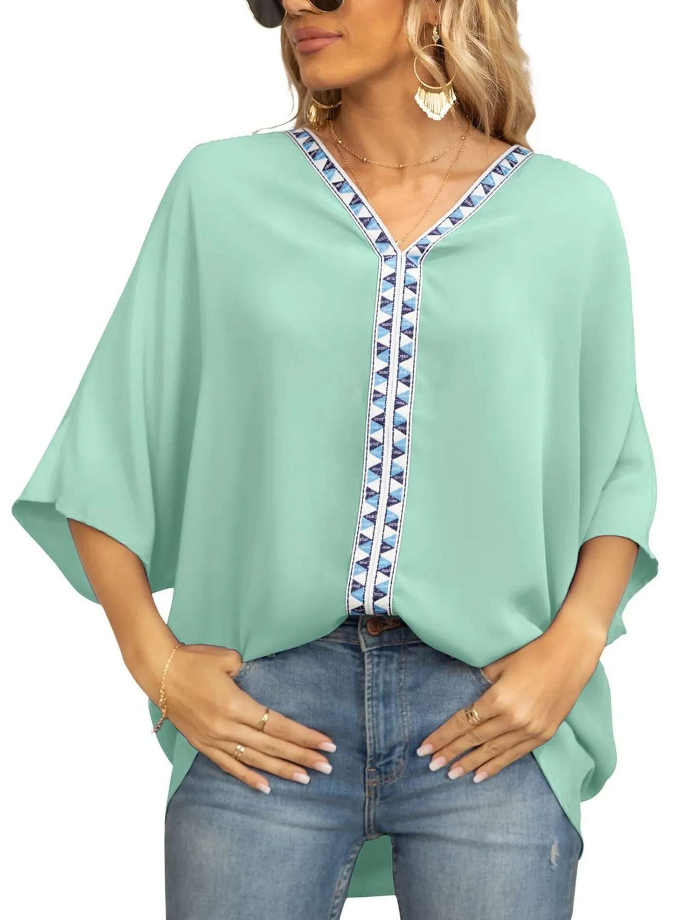 Oversized Contrast V-Neck Half Sleeve Blouse - Image 12