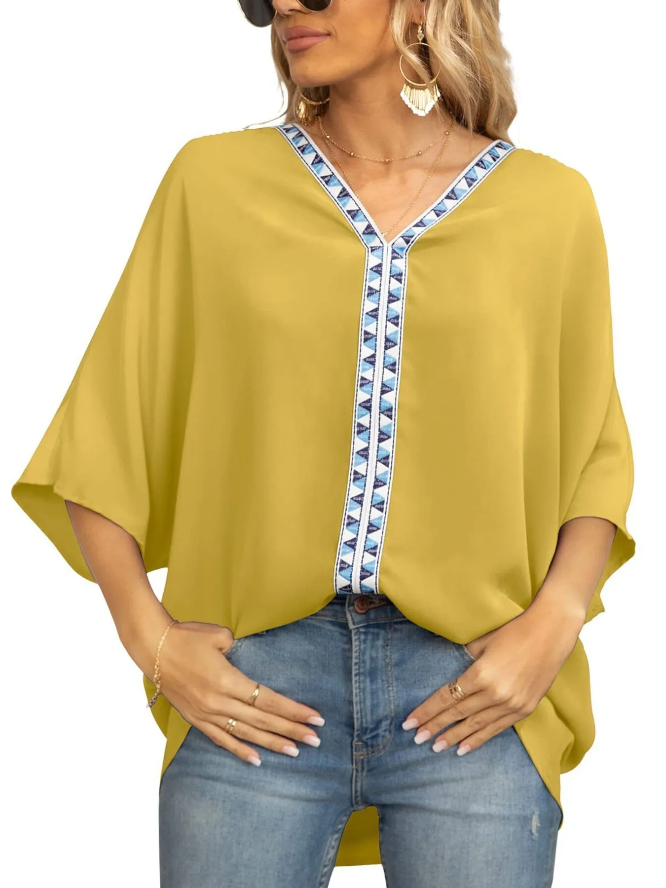Oversized Contrast V-Neck Half Sleeve Blouse - Image 7